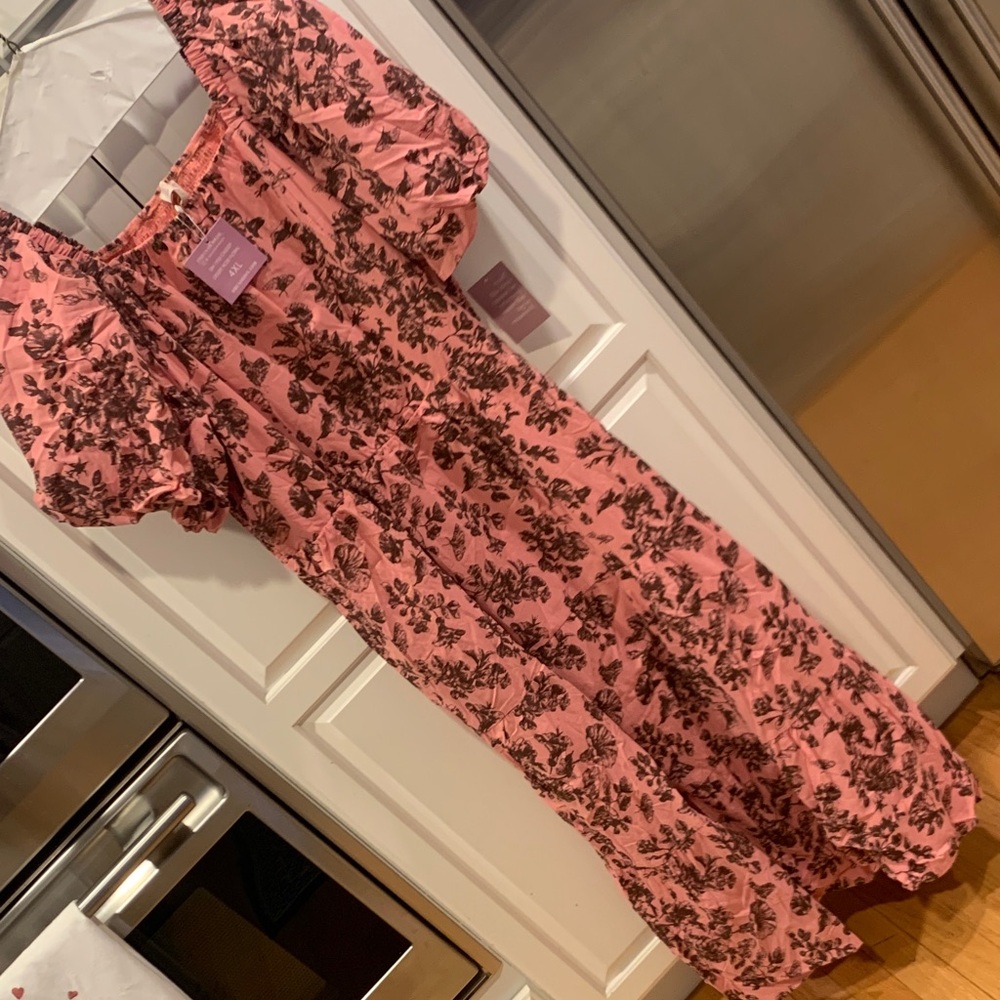 DM Fashion  Pink Floral Puff-Sleeve Maxi Dress NWT